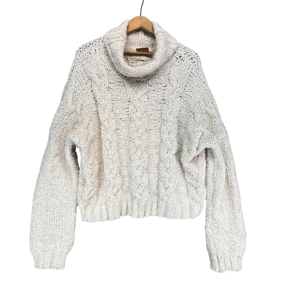 POL Womens Cream Cable Knit Chunky Oversized Cowl Neck Sweater Pullover Large - Picture 2 of 5